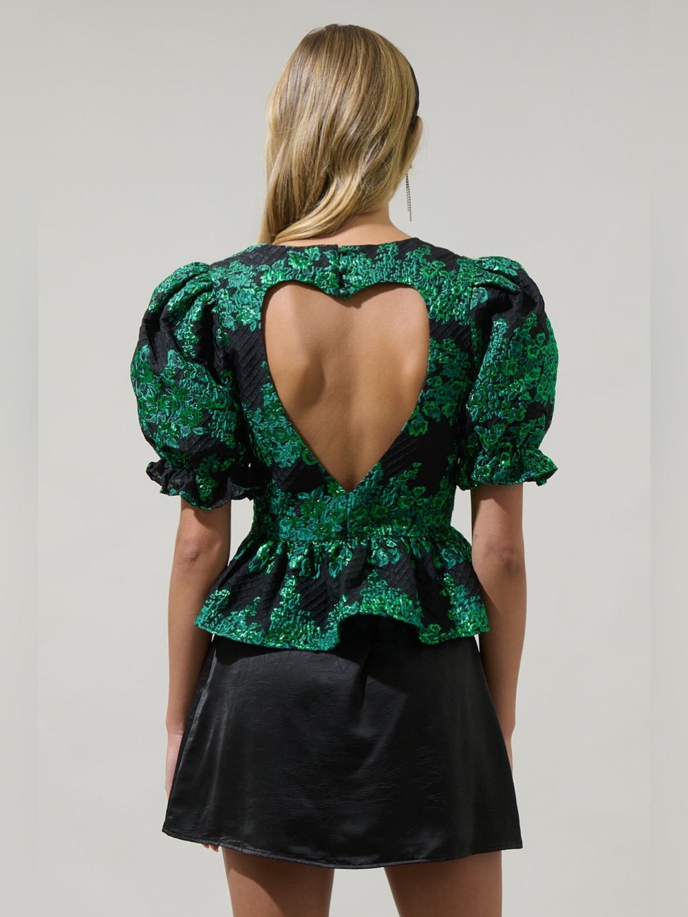 NWT Sugarlips Elyna Jacquard Green Black Puff Sleeve Peplum Blouse Sz S - Picture 3 of 13